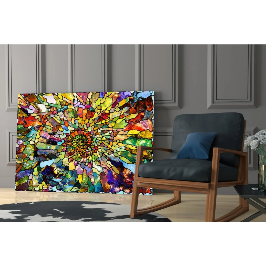 Vibrant stained-glass style glass wall art with radiant rainbow spiral
