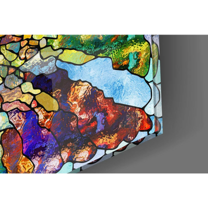 Vibrant glass wall art mosaic in rainbow colors of blues, greens, purples, reds