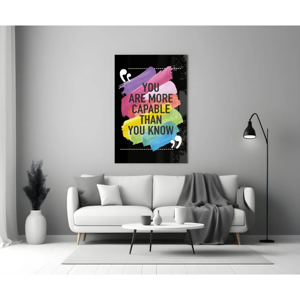 Vibrant colorful motivational glass wall art with quote You are more capable than you know