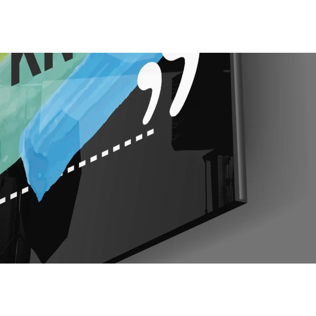 Black-framed glossy glass wall art with blue-green abstract overlay