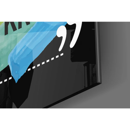 Black-framed glossy glass wall art with blue-green abstract overlay