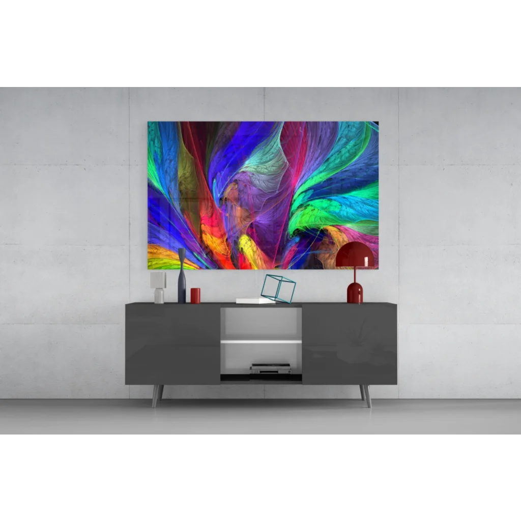 Vibrant swirling rainbow abstract canvas wall art in electric colors on gray console