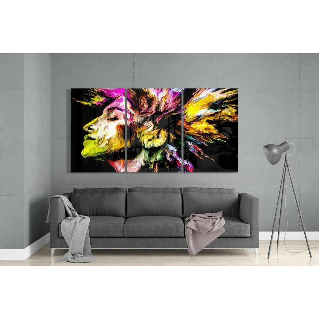 Bold neon lion triptych wall art in yellow, pink, purple on black