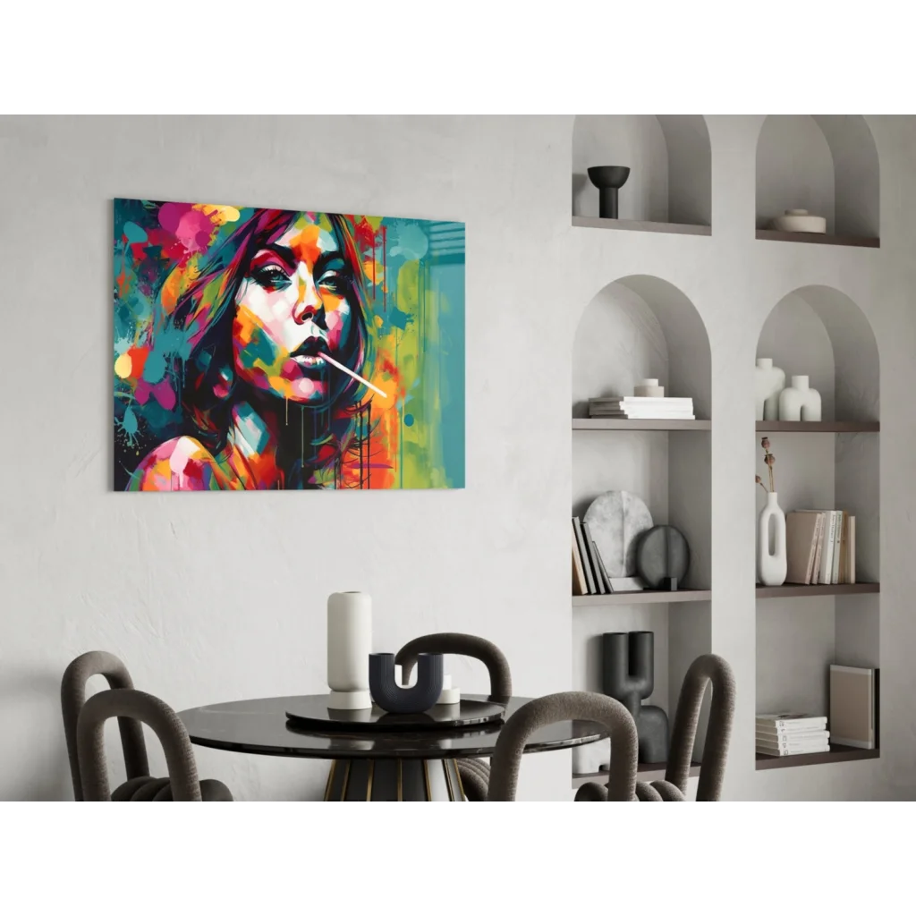 Vibrant pop art woman canvas wall art with colorful paint splashes
