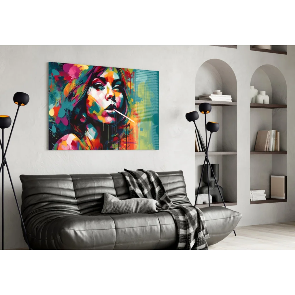 Vibrant pop art woman canvas wall art with colorful paint splashes and teal accents