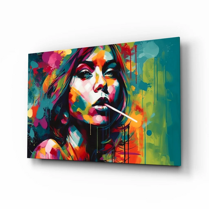 Vibrant pop art woman canvas wall art with colorful paint splashes