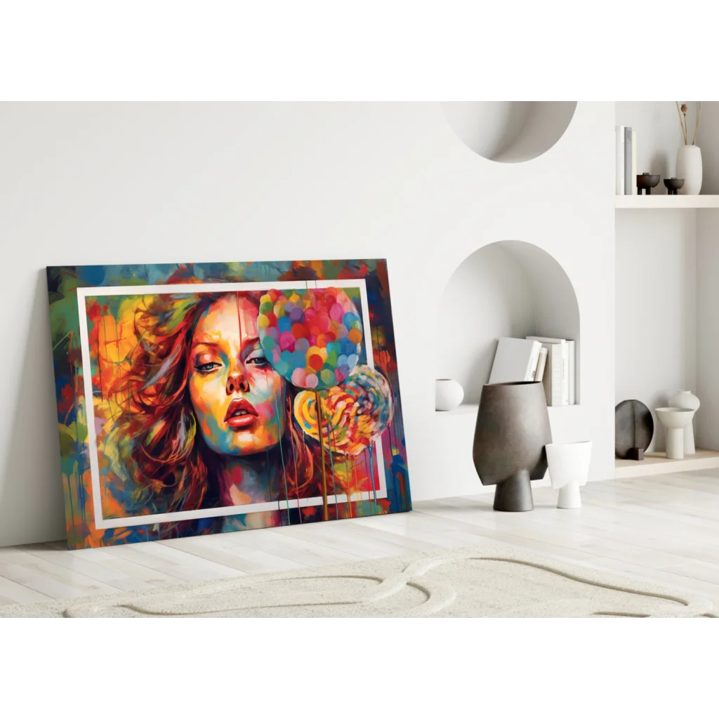 Vibrant pop art woman canvas wall art with rainbow balloons in white frame