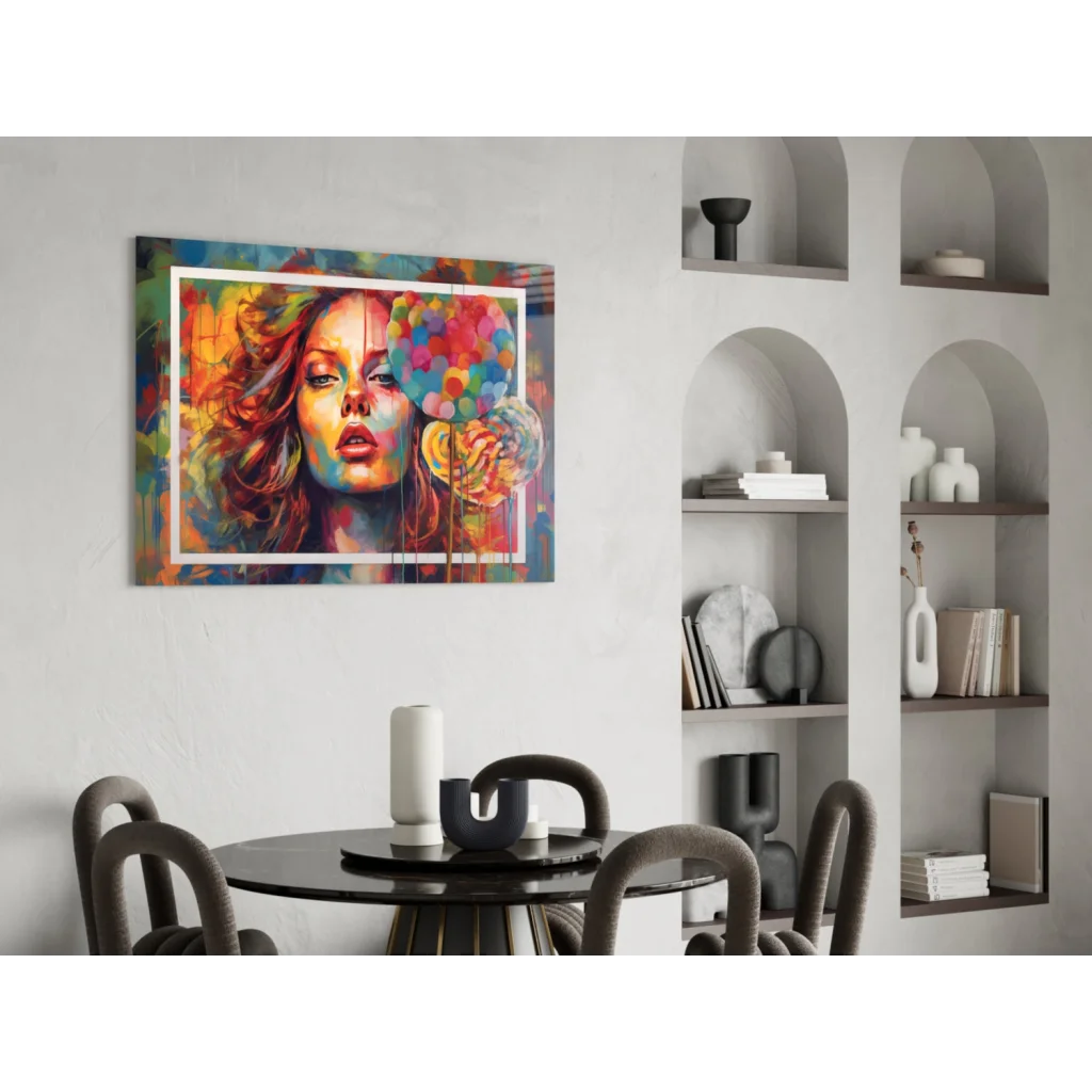 Vibrant pop art woman canvas wall art with red hair and rainbow balloons