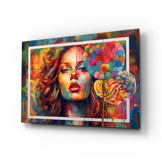 Vibrant pop art woman canvas wall art with rainbow balloons and colorful drips