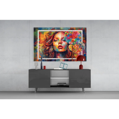 Vibrant pop art woman canvas wall art with colorful swirling hair and rainbow balloons