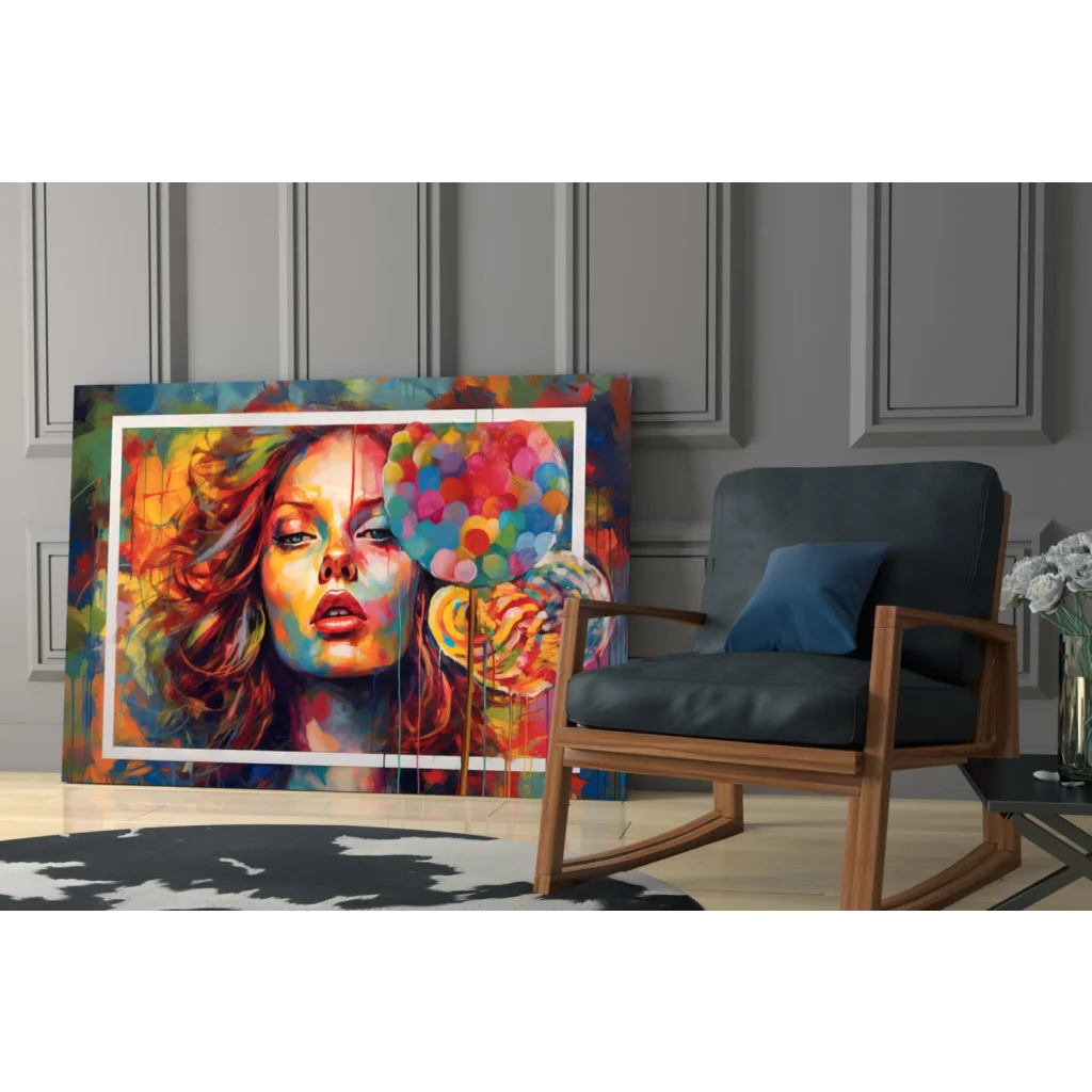 Vibrant pop art woman canvas wall art with red hair and rainbow balloons