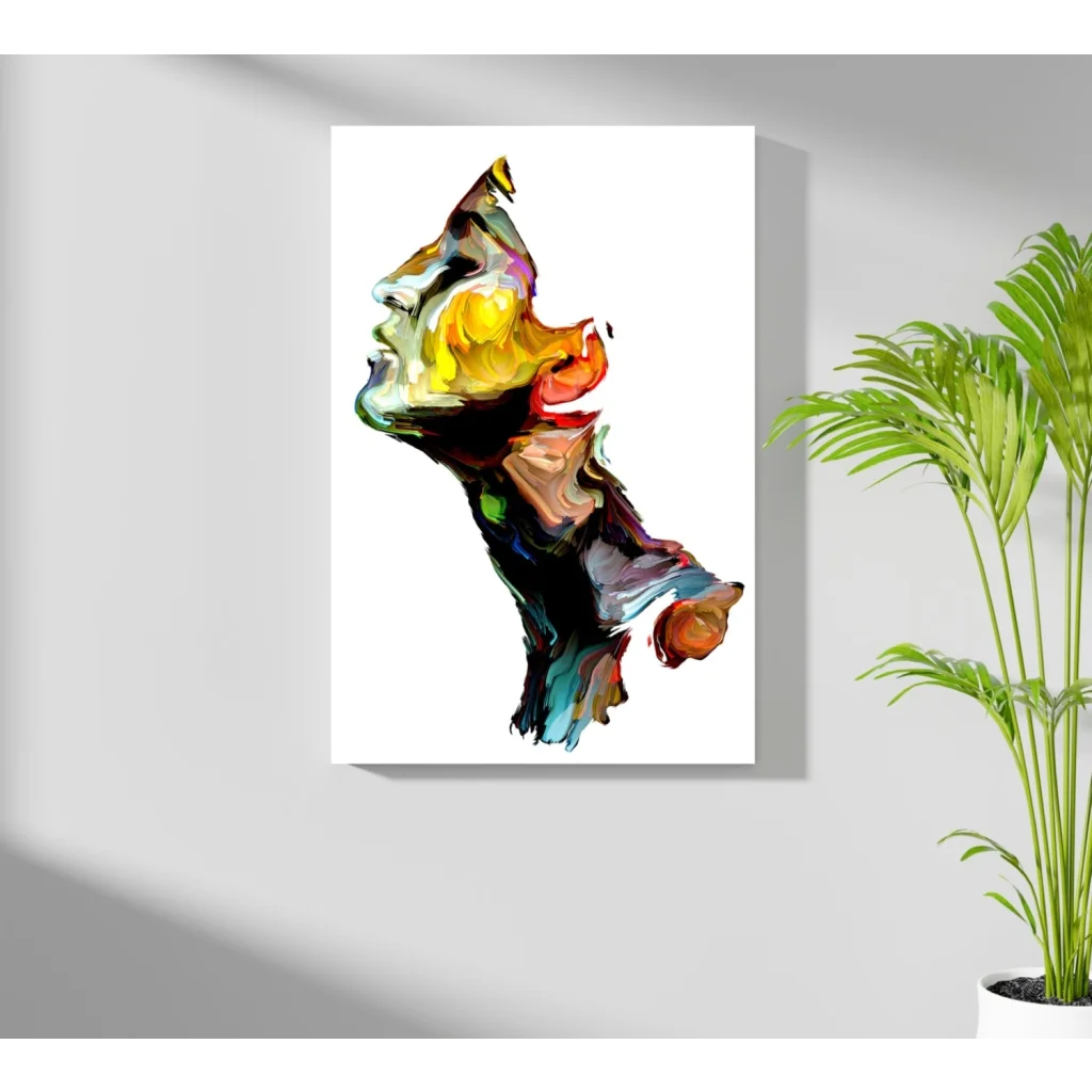 Vibrant abstract portrait on Insigne aluminum print in swirling hues