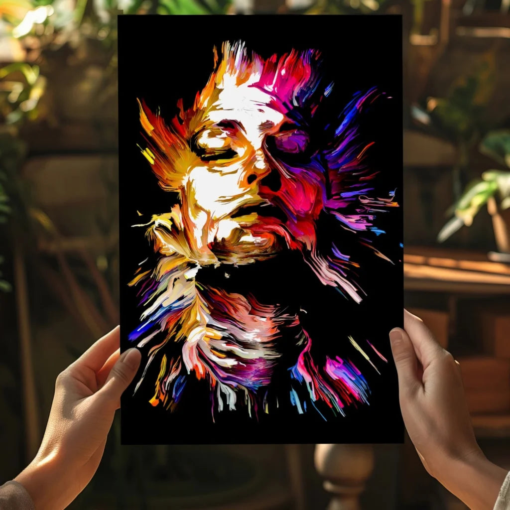 Vibrant abstract face on insigne aluminum print in red, orange, purple, blue