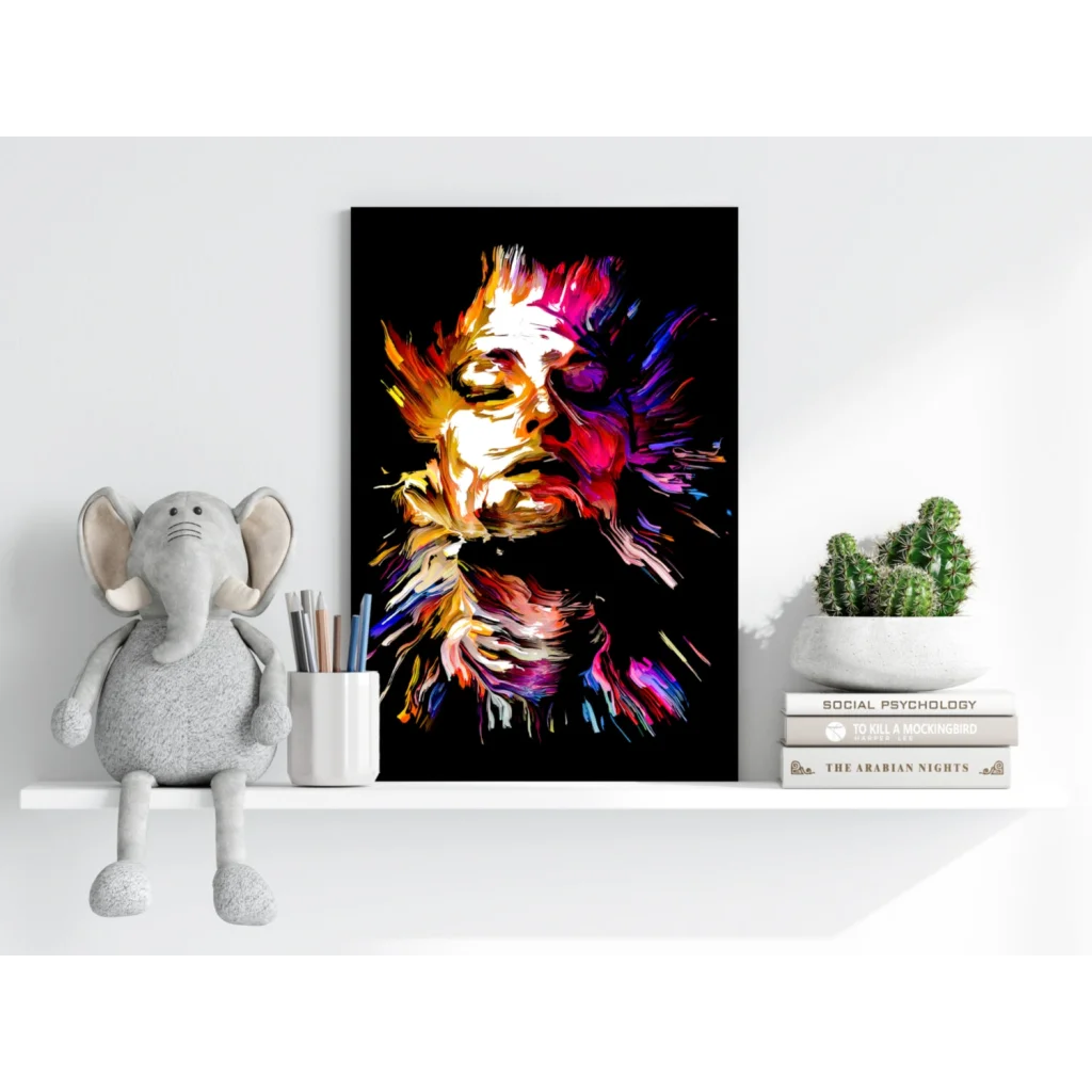 Vibrant abstract face on Insigne aluminum prints in fiery orange hues