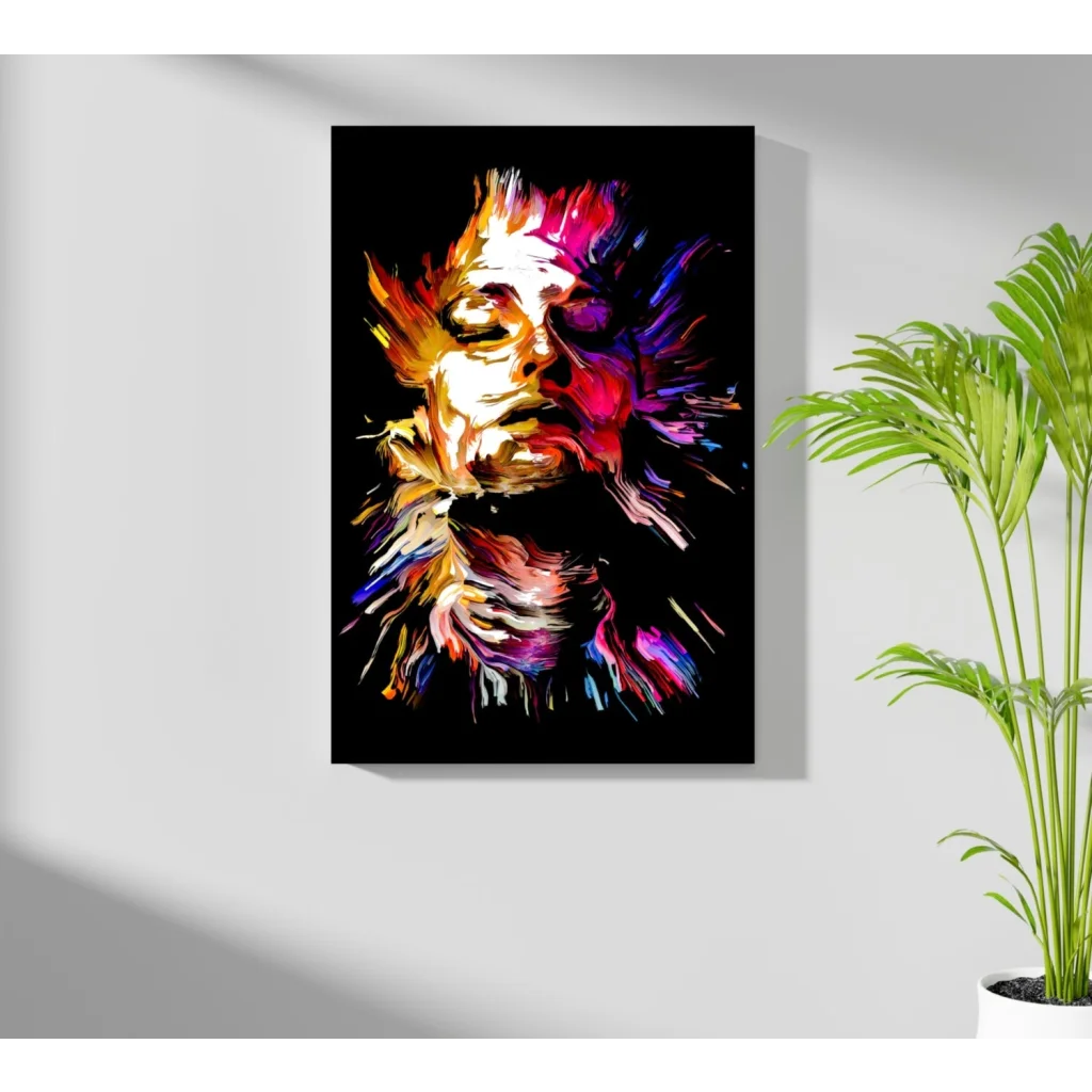 Vibrant abstract face on insigne aluminum print in unique style