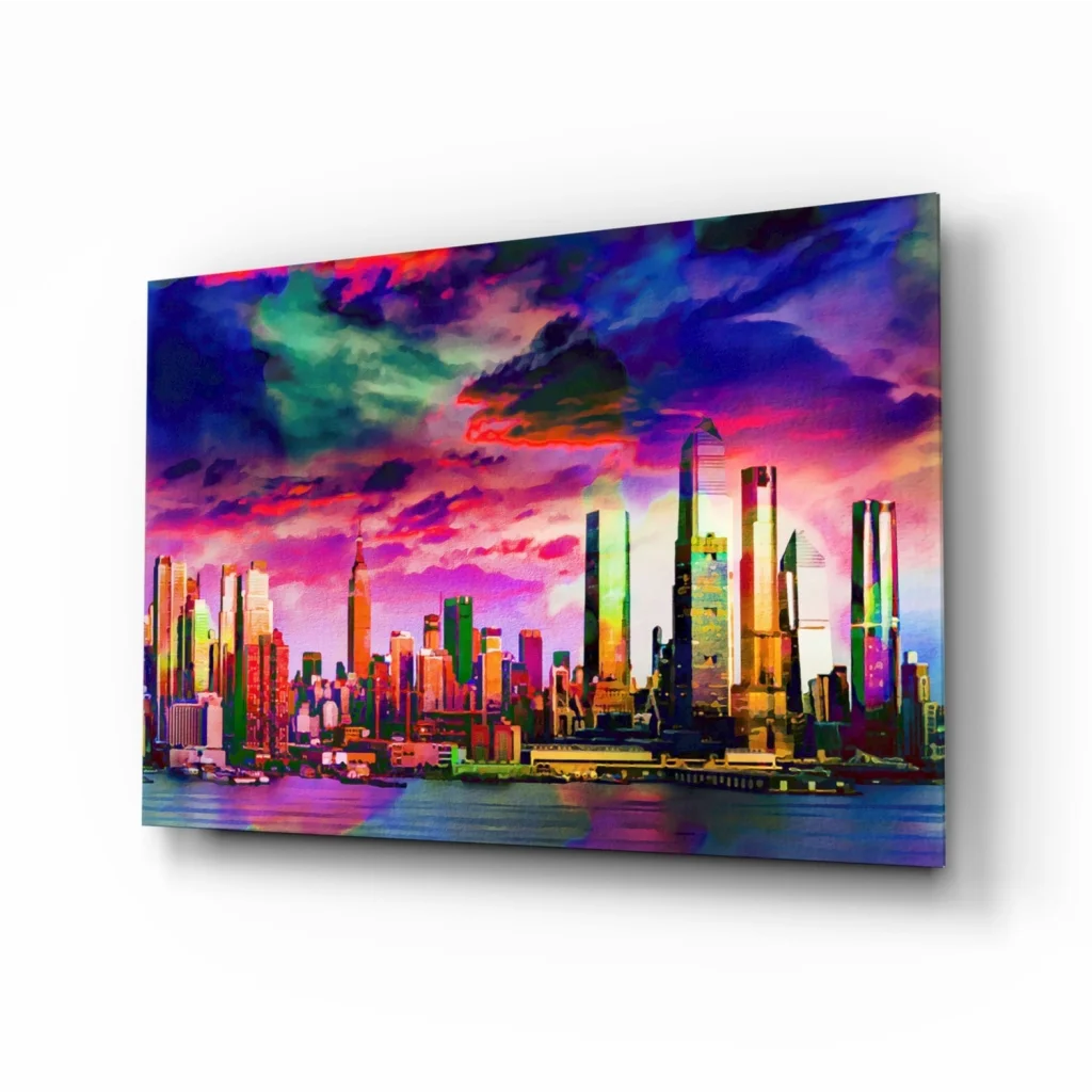 Neon City Skyline Canvas Wall Art with Electric Rainbow Skies | Insigneart USA | vintageantiquesgifts.com