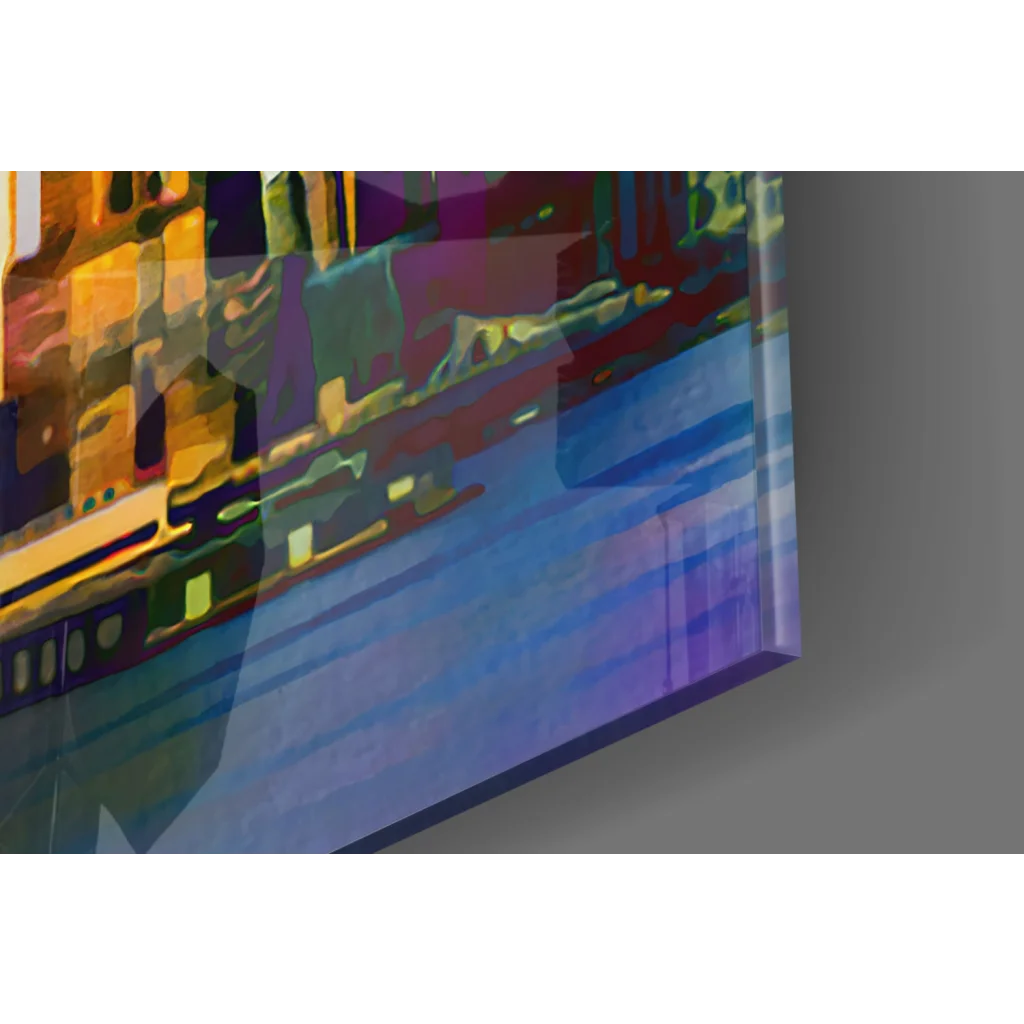 Vibrant neon city skyline glass wall art with electric rainbow skies