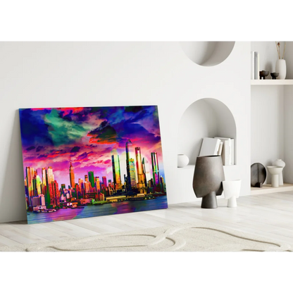Neon City Skyline Canvas Wall Art with Electric Rainbow Skies | Modern Wall Art Decor | vintageantiquesgifts.com