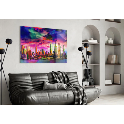 Neon City Skyline Canvas Wall Art with Electric Rainbow Skies | Contemporary Home Wall Art | vintageantiquesgifts.com