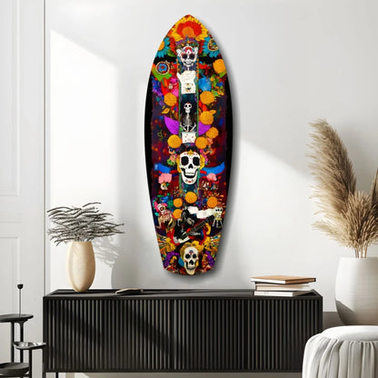 Vibrant Day of the Dead tempered glass art surfboard with skull designs