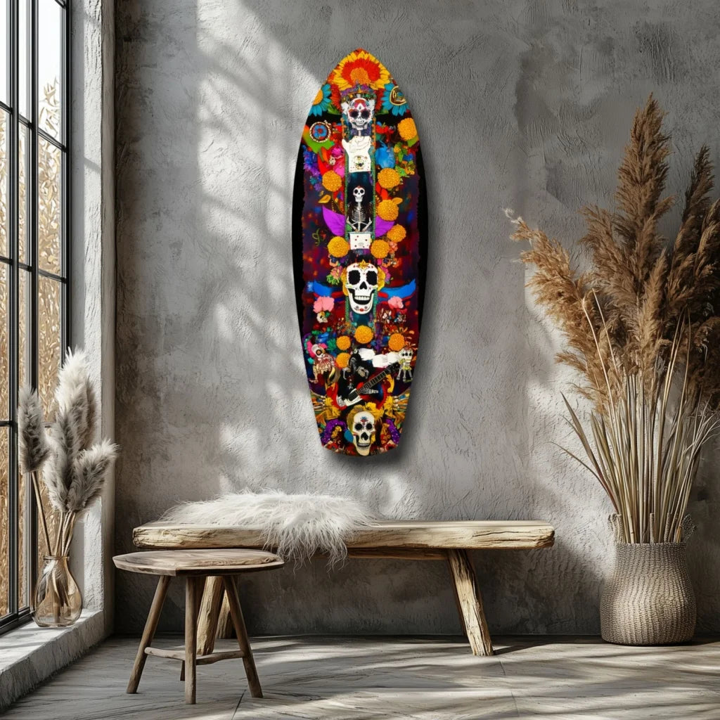 Vibrant Day of the Dead tempered glass art surfboard with skull floral designs