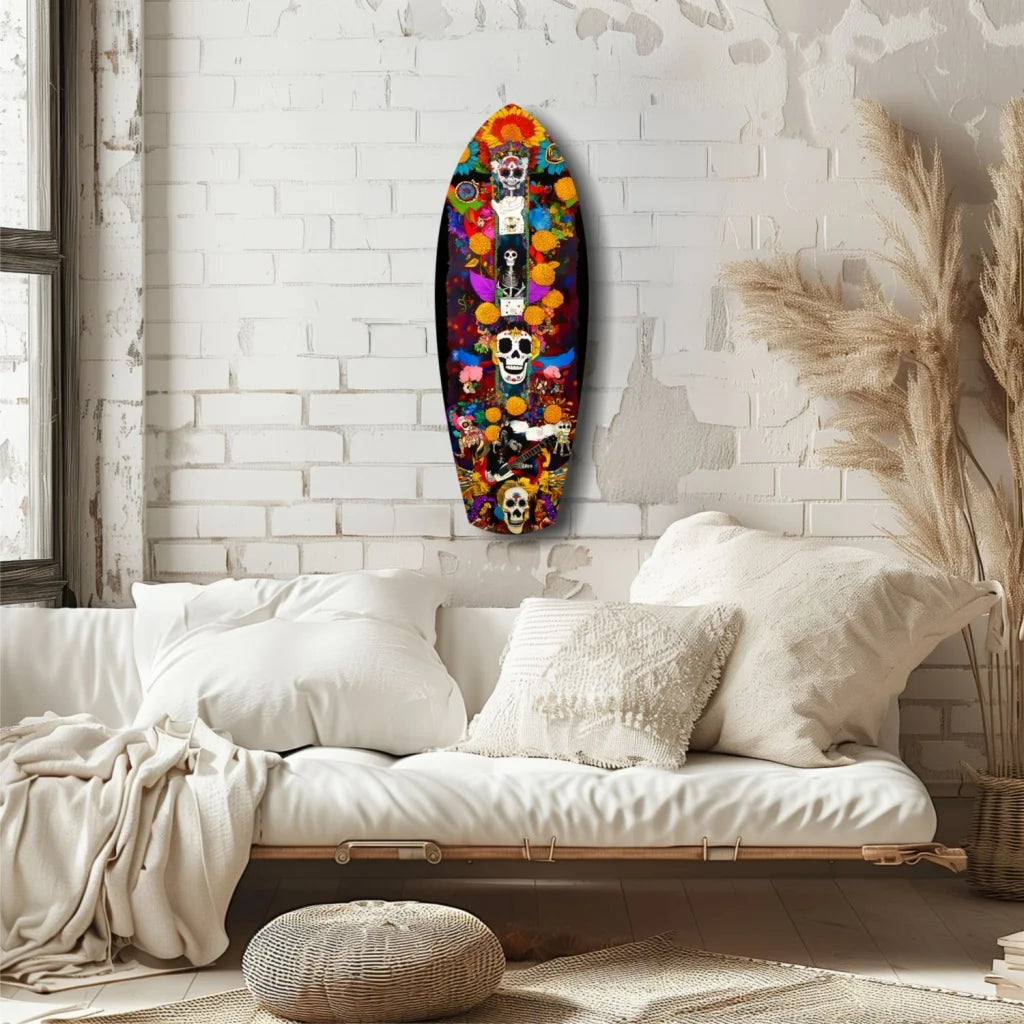 Vibrant Day of the Dead surfboard tempered glass art with skull and floral designs