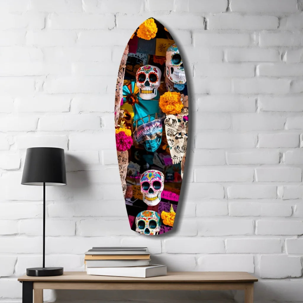 Colorful Skulls Surfboard Tempered Glass Art | Contemporary Home Wall Art | vintageantiquesgifts.com