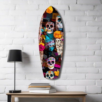 Colorful Skulls Surfboard Tempered Glass Art | Contemporary Home Wall Art | vintageantiquesgifts.com