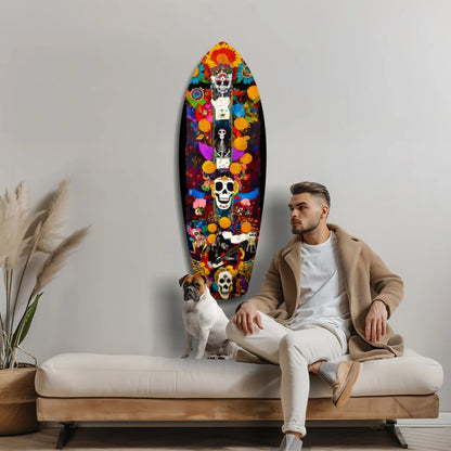 Vibrant Day of the Dead tempered glass art surfboard with skull designs