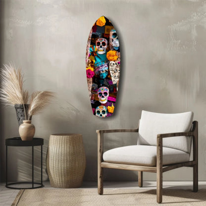 Vibrant colorful skulls surfboard tempered glass art with sugar skull designs