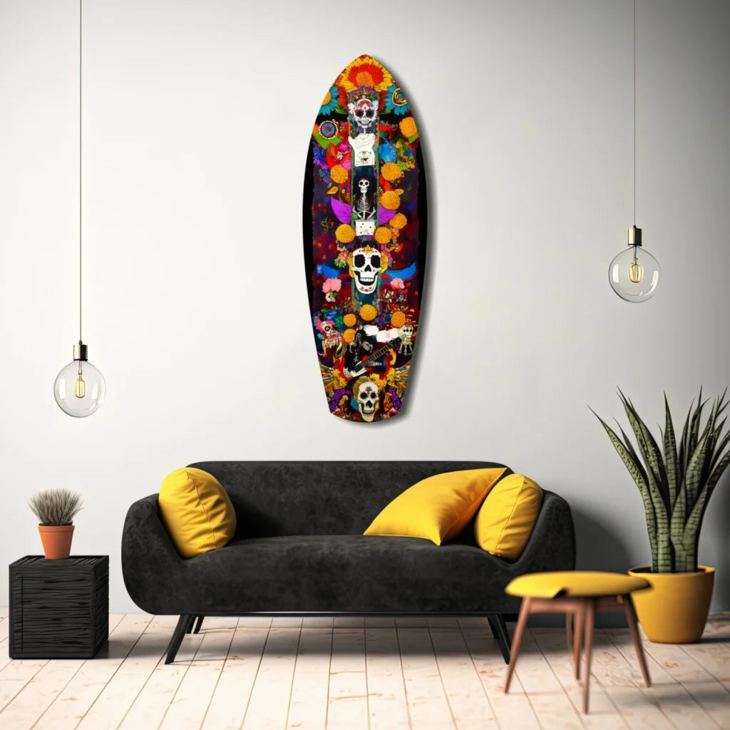 Vibrant Day of the Dead tempered glass art surfboard with skull and floral designs