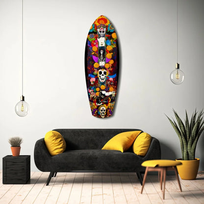 Vibrant Day of the Dead tempered glass art surfboard with skull and floral designs