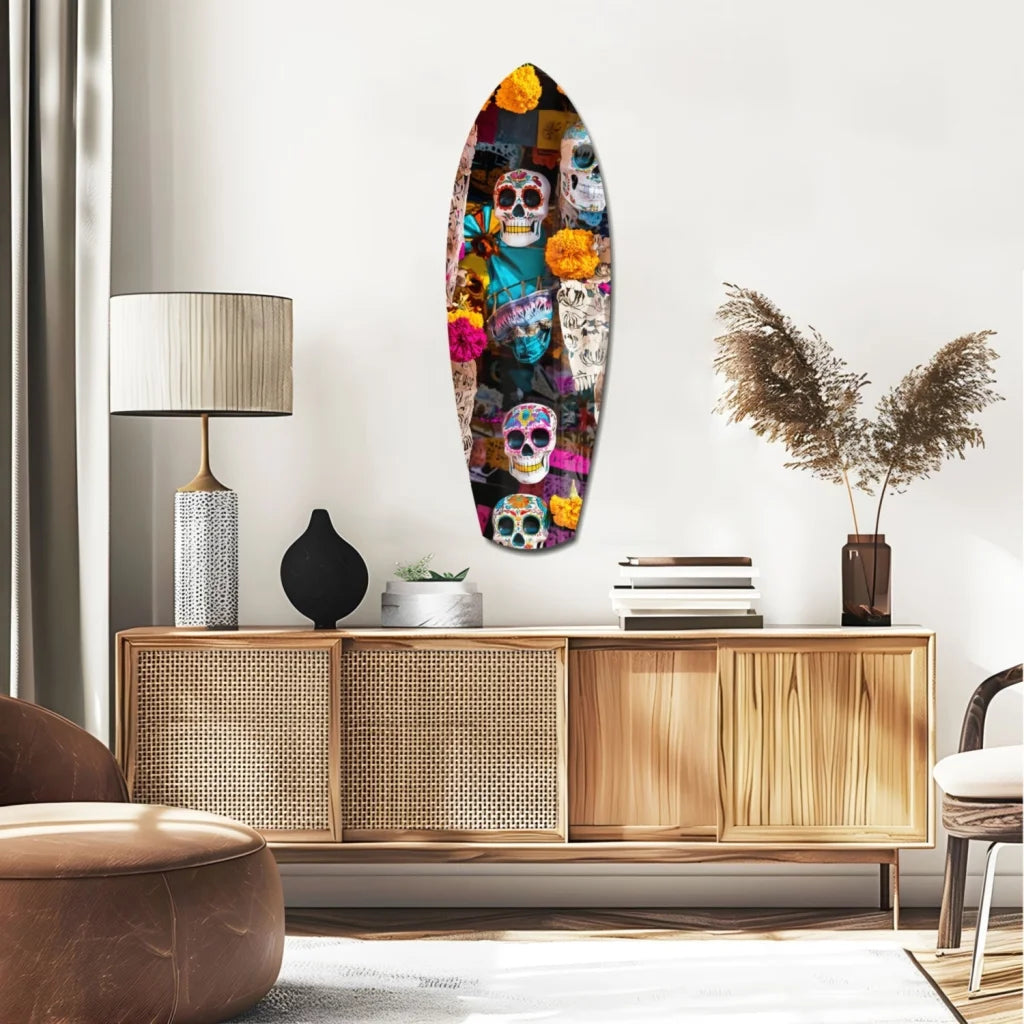 Colorful Skulls Surfboard Tempered Glass Art | Glass Wall Art Print | vintageantiquesgifts.com