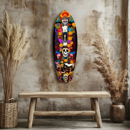 Vibrant Day of the Dead tempered glass art surfboard with skull and floral designs