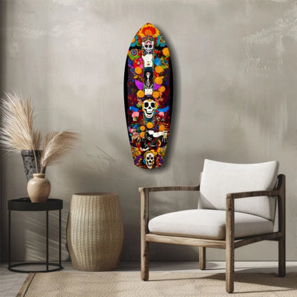 Vibrant Day of the Dead tempered glass art surfboard with skull designs