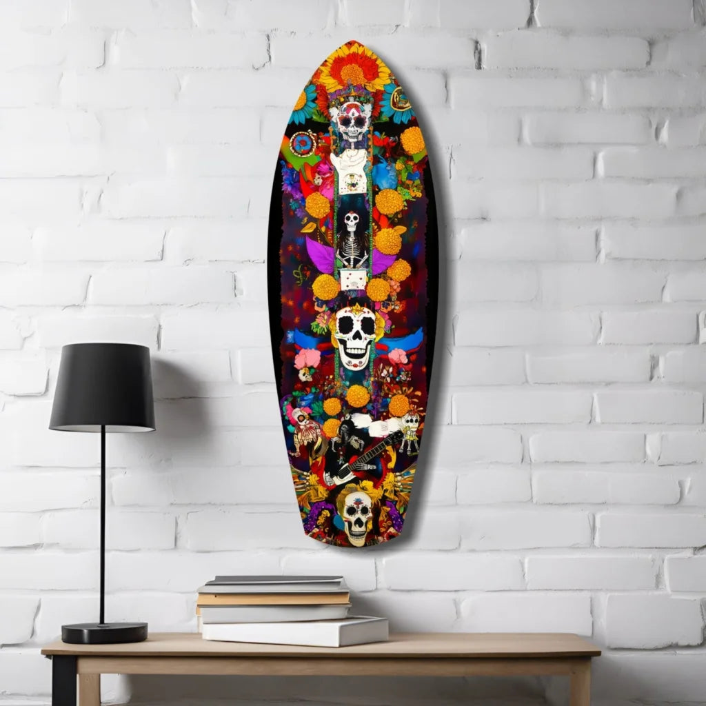 Vibrant Day of the Dead tempered glass art surfboard wall decor