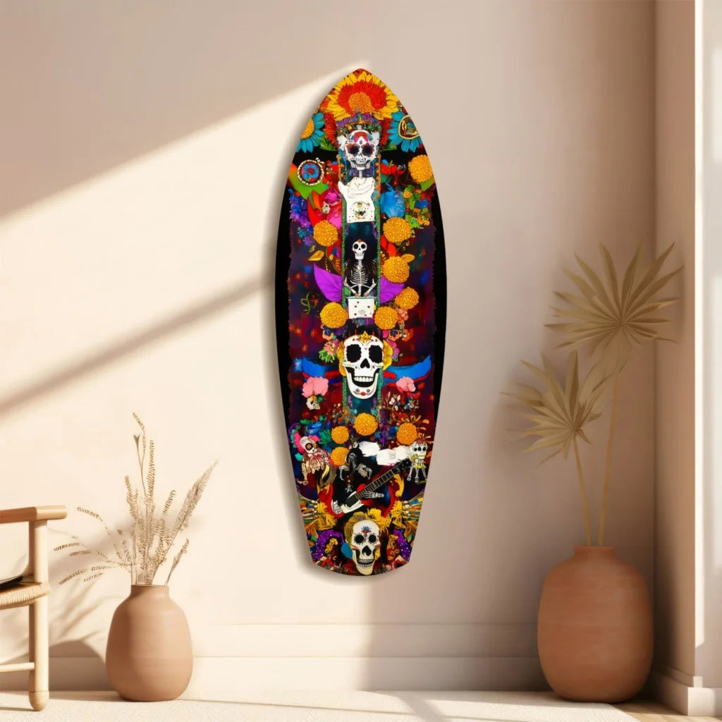 Vibrant Day of the Dead tempered glass art surfboard with skull floral designs