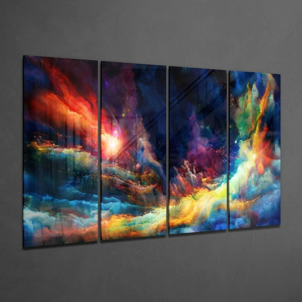 Vibrant cosmic nebula glass wall art on four sleek acrylic panels