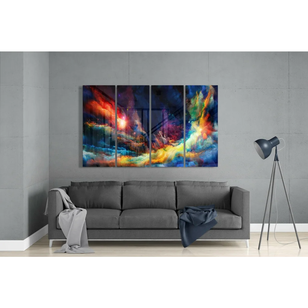 Vibrant cosmic nebula glass wall art with swirling red, orange, blue, yellow hues on dark backdrop