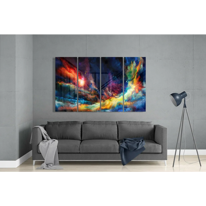 Vibrant cosmic nebula glass wall art with swirling red, orange, blue, yellow hues on dark backdrop
