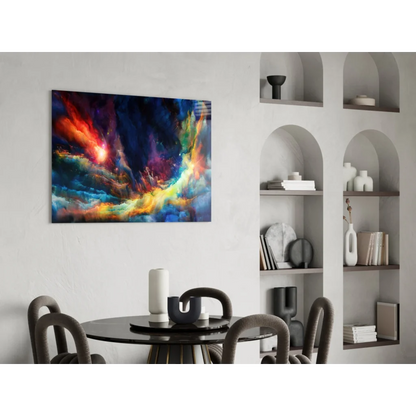 Vibrant abstract glass wall art print with swirling nebula colors