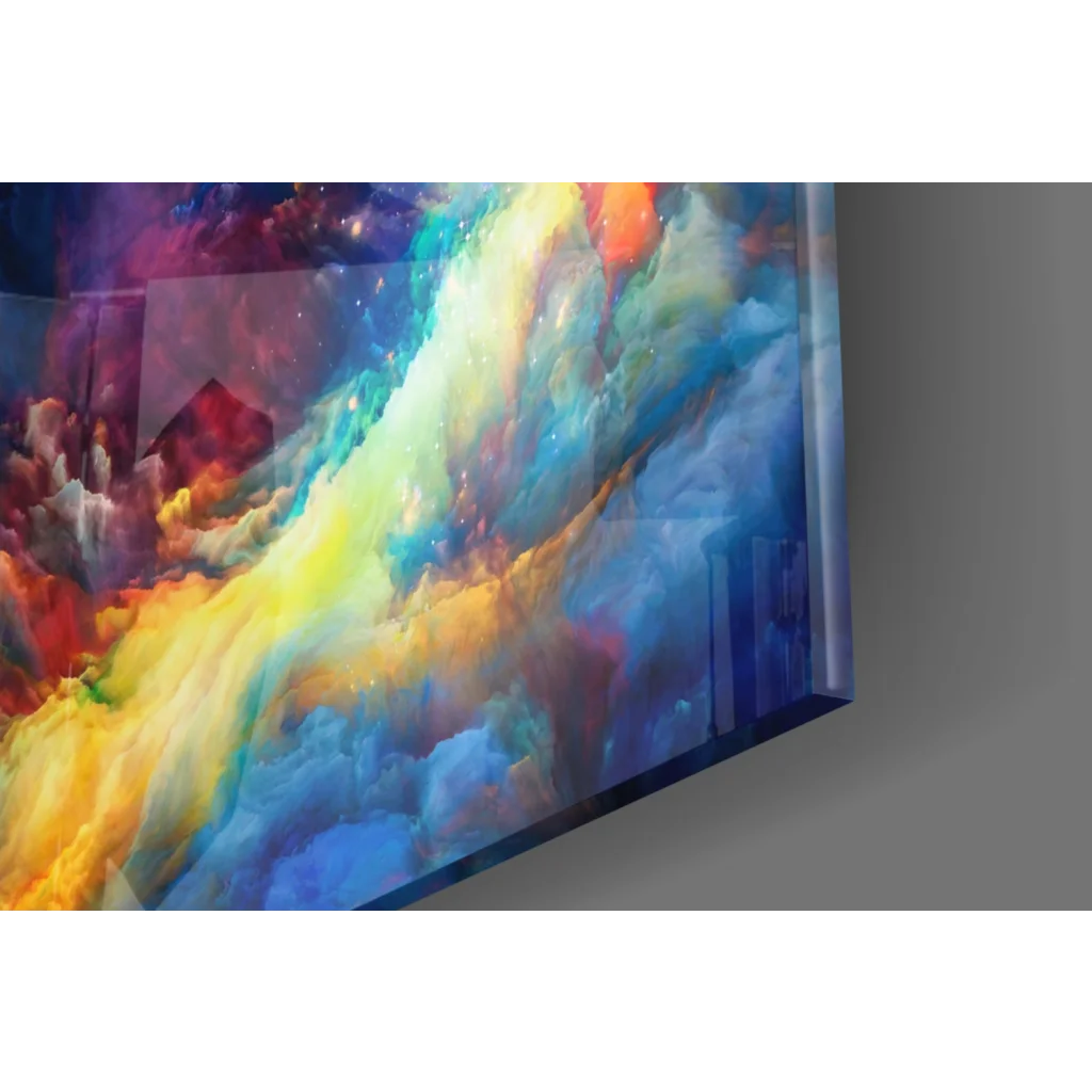 Vibrant cosmic nebula glass wall art on sleek digital screen