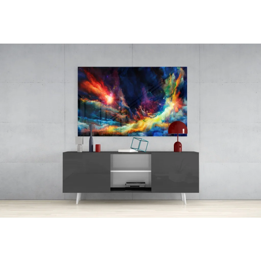 Vibrant cosmic nebula glass wall art print in red, orange, blue, purple