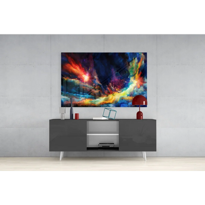 Vibrant cosmic nebula glass wall art print in red, orange, blue, purple