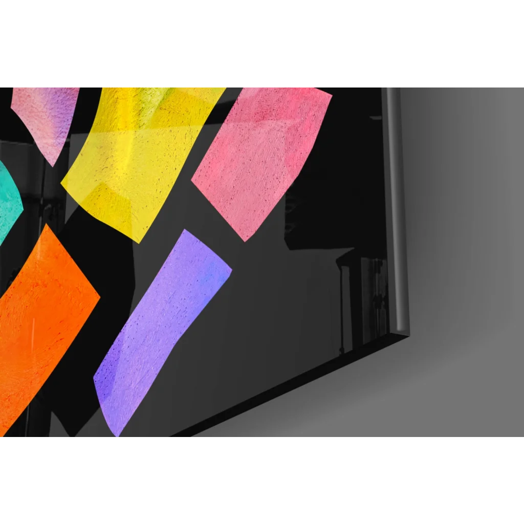 Sleek black monitor with rainbow geometric glass wall art notes
