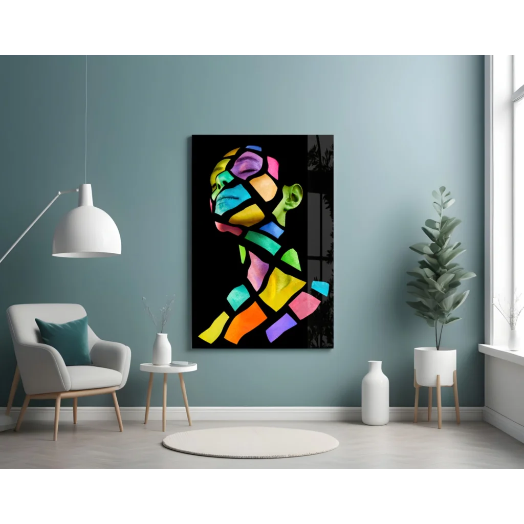Vibrant rainbow geometric glass wall art portrait of stylized head