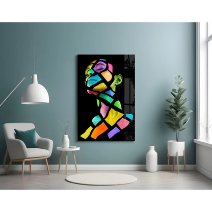 Vibrant rainbow geometric glass wall art portrait of stylized head