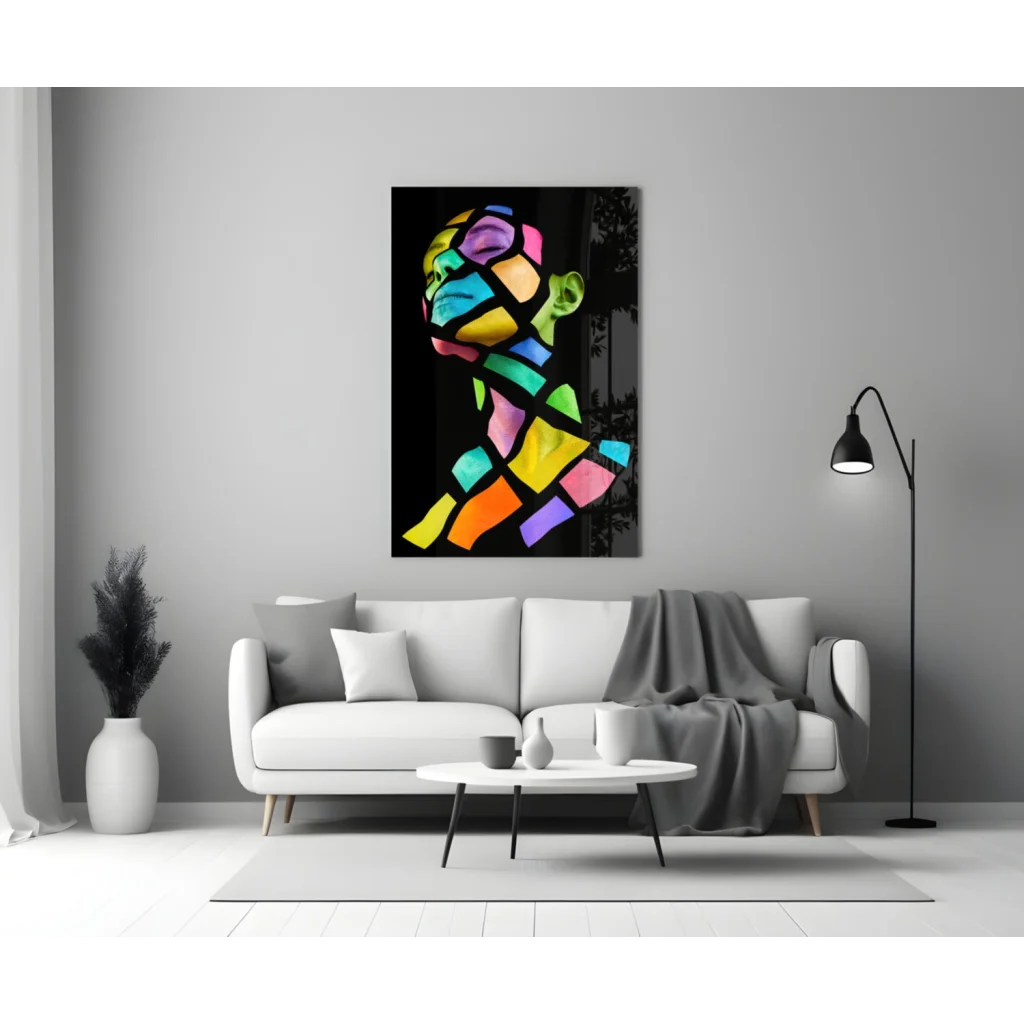 Vibrant rainbow geometric glass wall art portrait canvas with stylized face