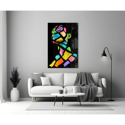 Vibrant rainbow geometric glass wall art portrait canvas with stylized face