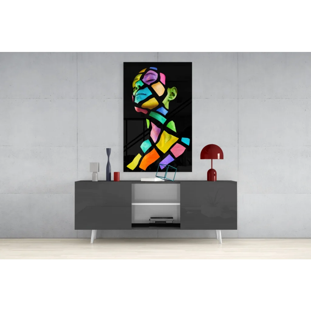 Vibrant rainbow geometric glass wall art portrait canvas